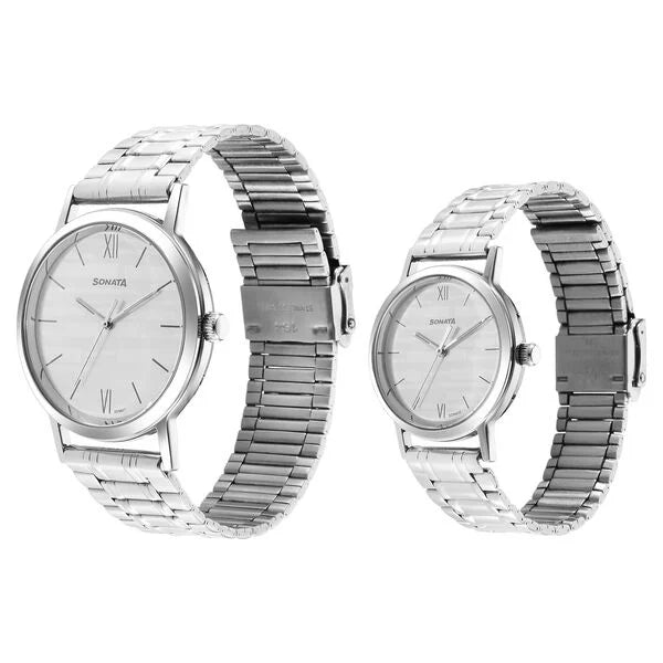 Sonata Pair NS7712787046SM01P | Sonata Pairs Quartz Analog White Dial Stainless Steel Strap Watch for Couple