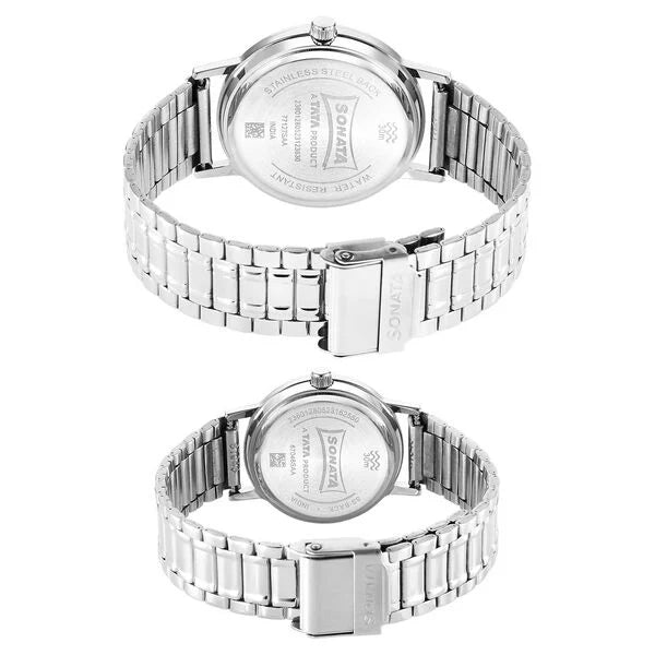 Sonata Pair NS7712787046SM01P | Sonata Pairs Quartz Analog White Dial Stainless Steel Strap Watch for Couple
