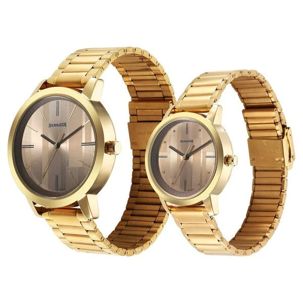 Sonata Pair NS7712887047YM01P | Sonata Alloy Pairs Quartz Analog Brown Stainless Steel Strap for Couple