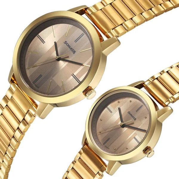 Sonata Pair NS7712887047YM01P | Sonata Alloy Pairs Quartz Analog Brown Stainless Steel Strap for Couple