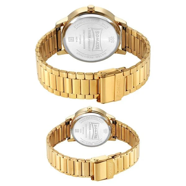 Sonata Pair NS7712887047YM01P | Sonata Alloy Pairs Quartz Analog Brown Stainless Steel Strap for Couple
