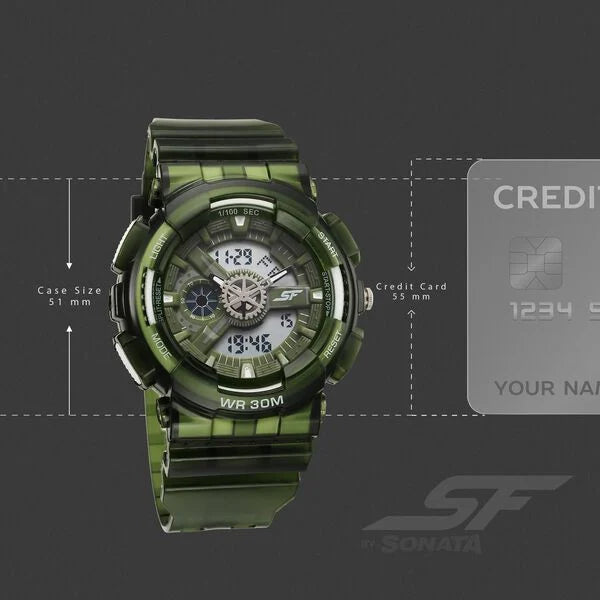 Sonata 77137PP08 | Sonata SF Spectra Quartz Digital Green Dial Translucent Green Polyether Strap Watch For Men