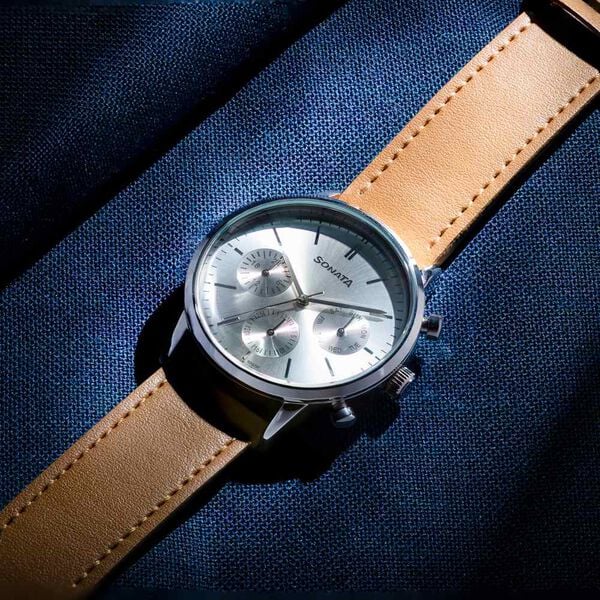 Sonata 77139SL01 | Sonata Quartz Multifunction Silver Dial Brown Leather Strap Watch For Men
