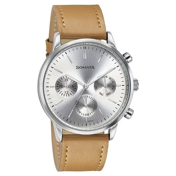 Sonata 77139SL01 | Sonata Quartz Multifunction Silver Dial Brown Leather Strap Watch For Men