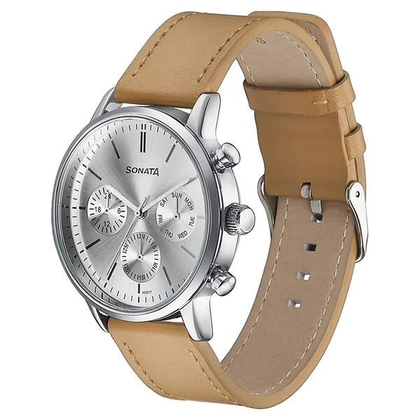 Sonata 77139SL01 | Sonata Quartz Multifunction Silver Dial Brown Leather Strap Watch For Men