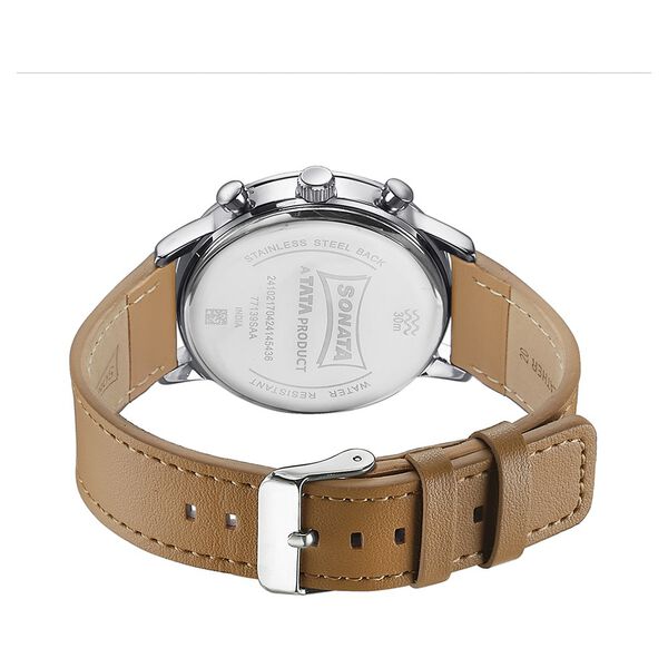 Sonata 77139SL01 | Sonata Quartz Multifunction Silver Dial Brown Leather Strap Watch For Men