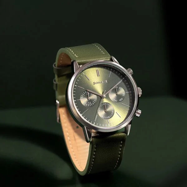 Sonata 77139SL02 | Sonata Quartz Multifunction Green Dial Green Leather Strap Watch For Men