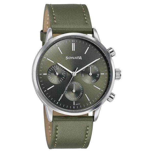 Sonata 77139SL02 | Sonata Quartz Multifunction Green Dial Green Leather Strap Watch For Men