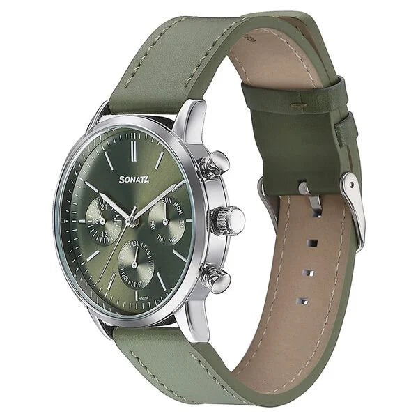 Sonata 77139SL02 | Sonata Quartz Multifunction Green Dial Green Leather Strap Watch For Men