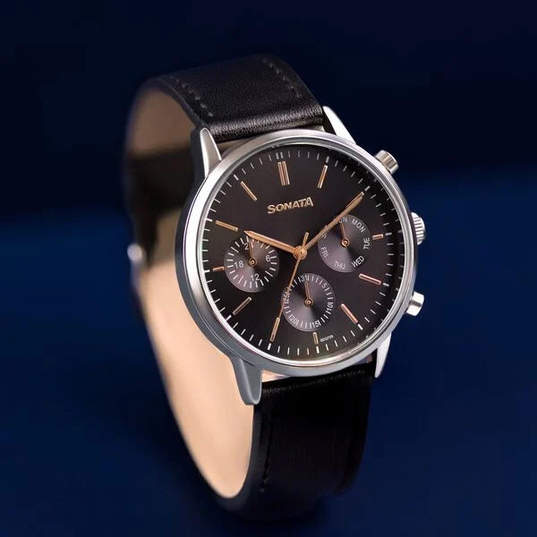 Sonata 77139SL03 | Sonata Quartz Multifunction Black Dial Black Leather Strap Watch For Men