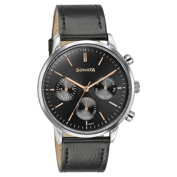 Sonata 77139SL03 | Sonata Quartz Multifunction Black Dial Black Leather Strap Watch For Men