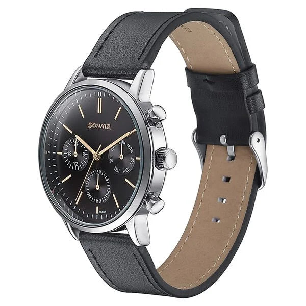 Sonata 77139SL03 | Sonata Quartz Multifunction Black Dial Black Leather Strap Watch For Men