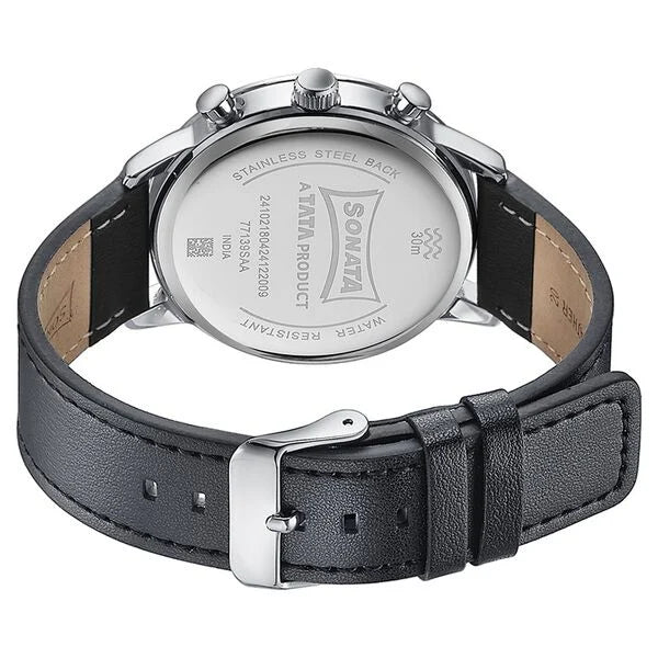 Sonata 77139SL03 | Sonata Quartz Multifunction Black Dial Black Leather Strap Watch For Men
