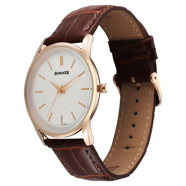 Sonata 77140WL01 | Sonata Eternia Quartz Analog White Dial Leather Strap Watch For Men