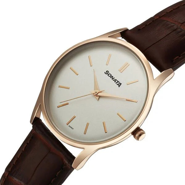 Sonata 77140WL01 | Sonata Eternia Quartz Analog White Dial Leather Strap Watch For Men