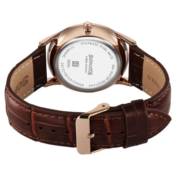 Sonata 77140WL01 | Sonata Eternia Quartz Analog White Dial Leather Strap Watch For Men