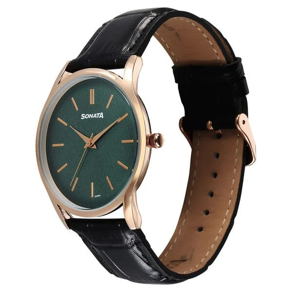 Sonata 77140WL02 | Sonata Eternia Quartz Analog Green Dial Leather Strap Watch For Men