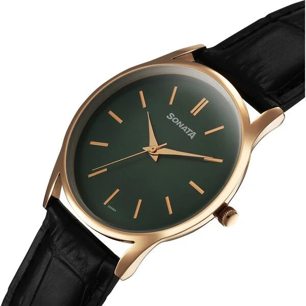 Sonata 77140WL02 | Sonata Eternia Quartz Analog Green Dial Leather Strap Watch For Men