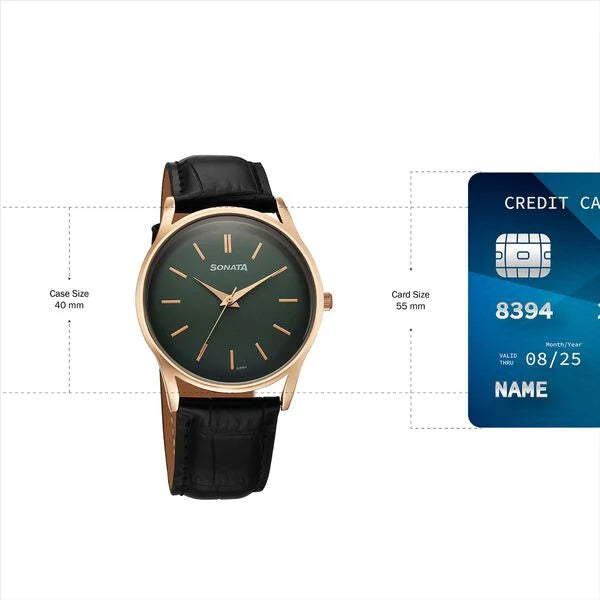 Sonata 77140WL02 | Sonata Eternia Quartz Analog Green Dial Leather Strap Watch For Men