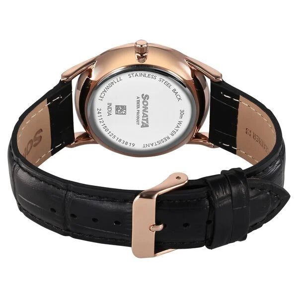 Sonata 77140WL02 | Sonata Eternia Quartz Analog Green Dial Leather Strap Watch For Men