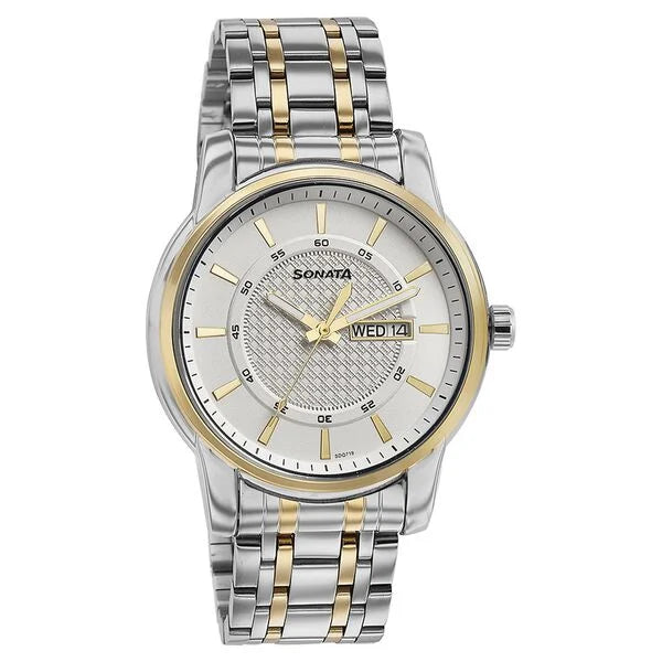 Sonata 77141BM01 | Sonata Quartz Analog with Day and Date White Dial Two Toned Stainless Steel Strap Watch For Men