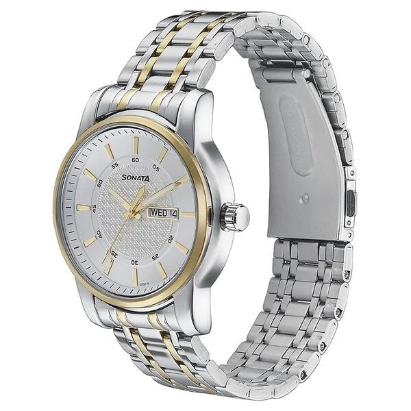 Sonata 77141BM01 | Sonata Quartz Analog with Day and Date White Dial Two Toned Stainless Steel Strap Watch For Men
