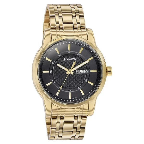 Sonata 77141YM01 | Sonata Quartz Analog with Day and Date Black Dial Golden Stainless Steel Strap Watch For Men