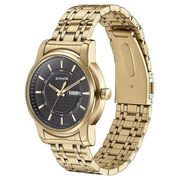 Sonata 77141YM01 | Sonata Quartz Analog with Day and Date Black Dial Golden Stainless Steel Strap Watch For Men