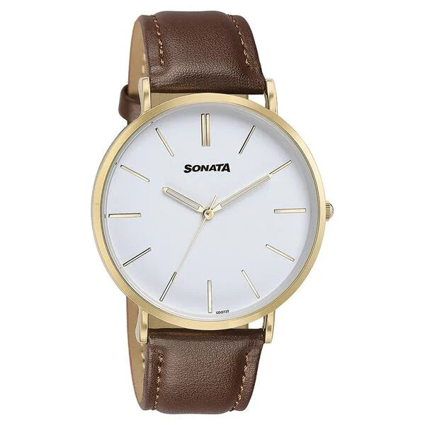 Sonata 77143YL01 | Sonata Quartz Analog White Dial Brown Leather Strap Watch For Men