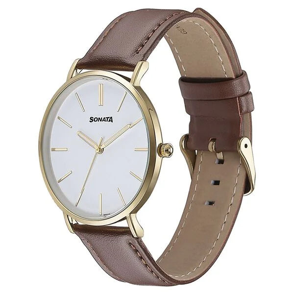 Sonata 77143YL01 | Sonata Quartz Analog White Dial Brown Leather Strap Watch For Men