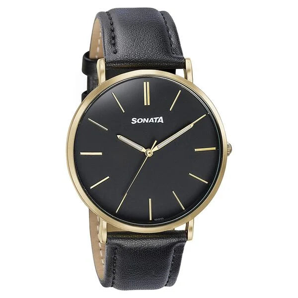 Sonata 77143YL02 | Sonata Quartz Analog Black Dial Black Leather Strap Watch For Men