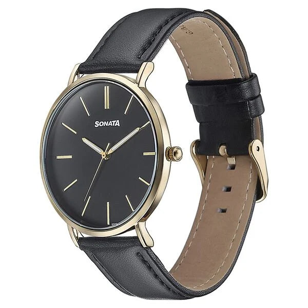 Sonata 77143YL02 | Sonata Quartz Analog Black Dial Black Leather Strap Watch For Men