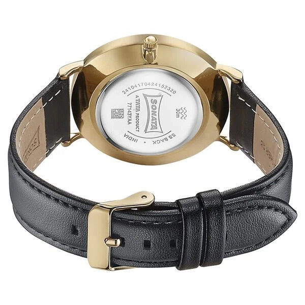 Sonata 77143YL02 | Sonata Quartz Analog Black Dial Black Leather Strap Watch For Men