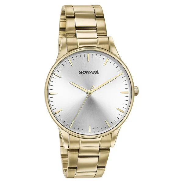 Sonata 77144YM02 | Sonata Quartz Analog Silver Dial Golden Stainless Steel Strap Watch For Men