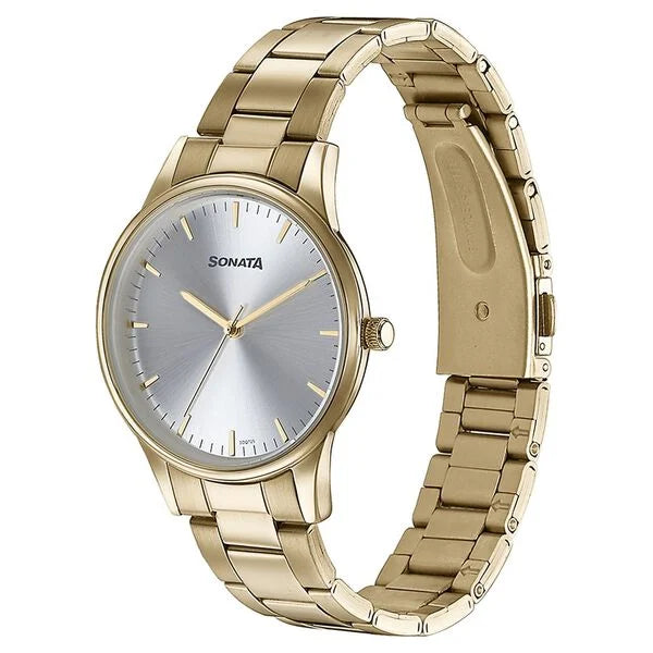 Sonata 77144YM02 | Sonata Quartz Analog Silver Dial Golden Stainless Steel Strap Watch For Men