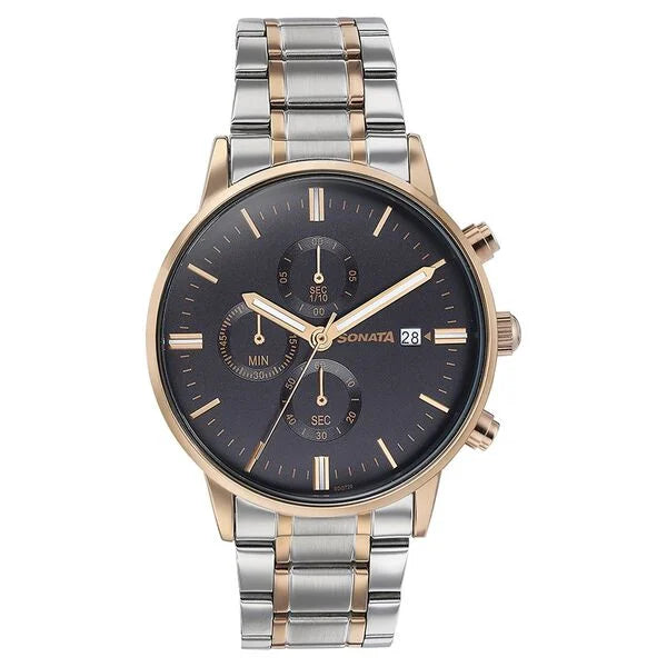 Sonata 77145KM01 | Sonata Quartz Multifunction Black Dial Two Toned Stainless Steel Strap Watch For Men