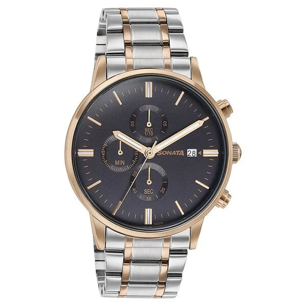 Sonata 77145KM01 | Sonata Quartz Multifunction Black Dial Two Toned Stainless Steel Strap Watch For Men