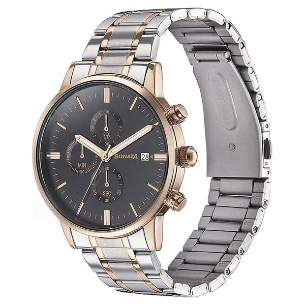 Sonata 77145KM01 | Sonata Quartz Multifunction Black Dial Two Toned Stainless Steel Strap Watch For Men