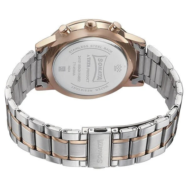 Sonata 77145KM01 | Sonata Quartz Multifunction Black Dial Two Toned Stainless Steel Strap Watch For Men