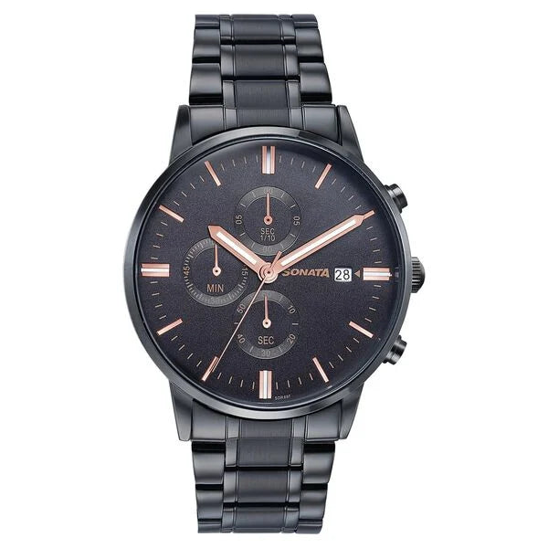 Sonata 77145NM01 | Sonata Wedding Edit Quartz Multifunction Black Dial Stainless Steel Strap Watch For Men