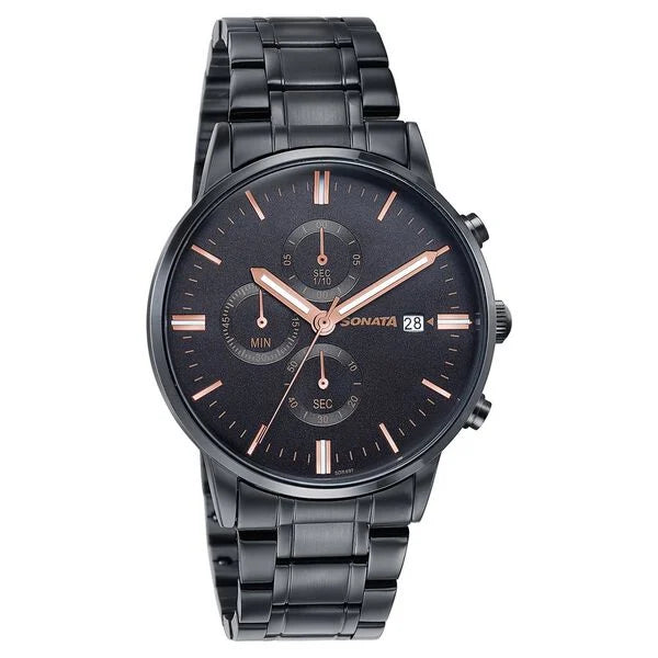 Sonata 77145NM01 | Sonata Wedding Edit Quartz Multifunction Black Dial Stainless Steel Strap Watch For Men