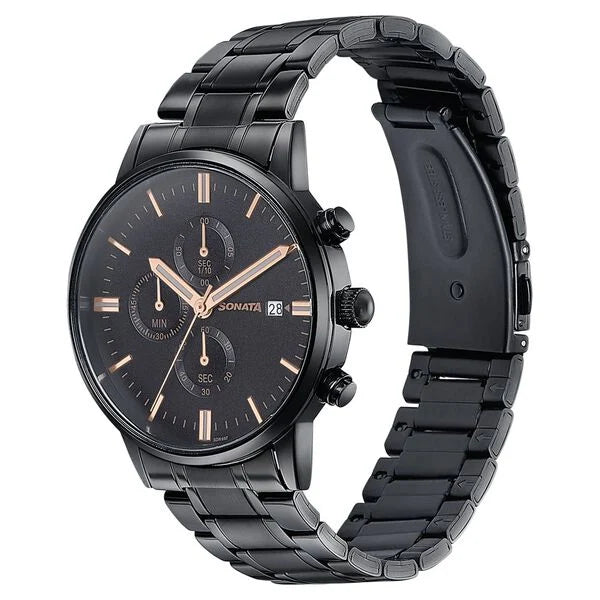 Sonata 77145NM01 | Sonata Wedding Edit Quartz Multifunction Black Dial Stainless Steel Strap Watch For Men