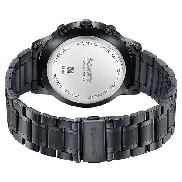 Sonata 77145NM01 | Sonata Wedding Edit Quartz Multifunction Black Dial Stainless Steel Strap Watch For Men