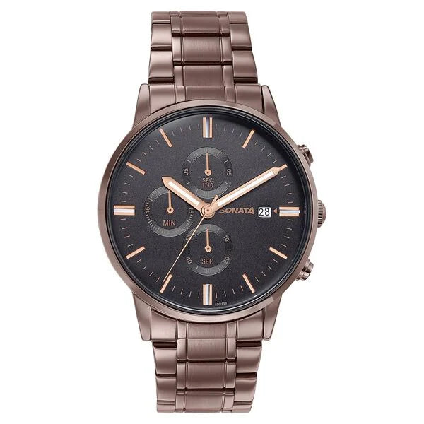 Sonata 77145QM01 | Sonata Wedding Edit Quartz Multifunction Black Dial Stainless Steel Strap Watch For Men