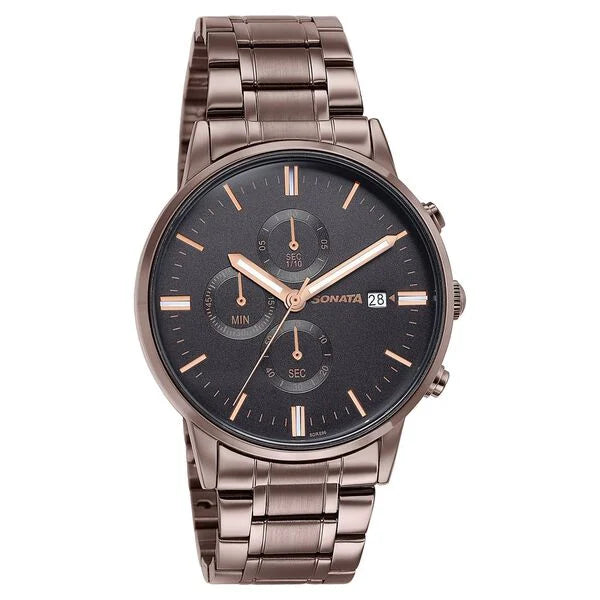 Sonata 77145QM01 | Sonata Wedding Edit Quartz Multifunction Black Dial Stainless Steel Strap Watch For Men