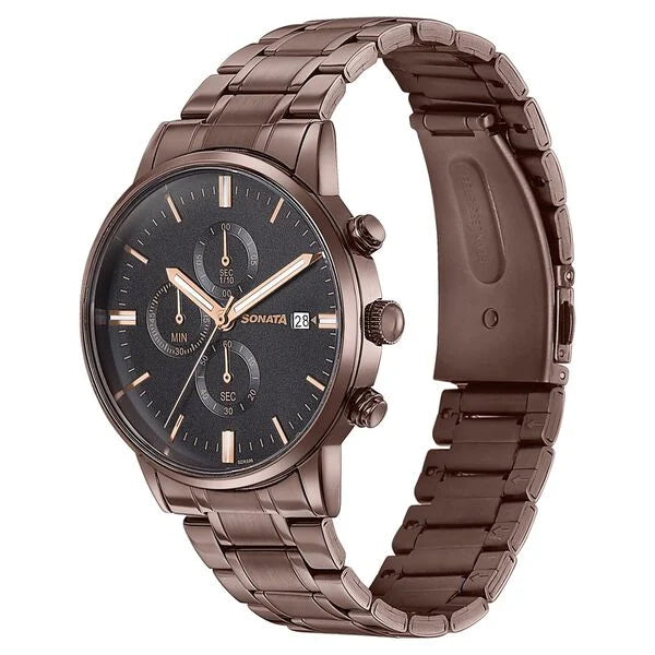 Sonata 77145QM01 | Sonata Wedding Edit Quartz Multifunction Black Dial Stainless Steel Strap Watch For Men