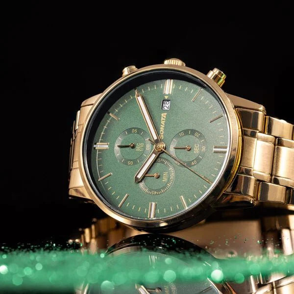 Sonata 77145YM01 | Sonata Quartz Multifunction Green Dial Golden Stainless Steel Strap Watch For Men