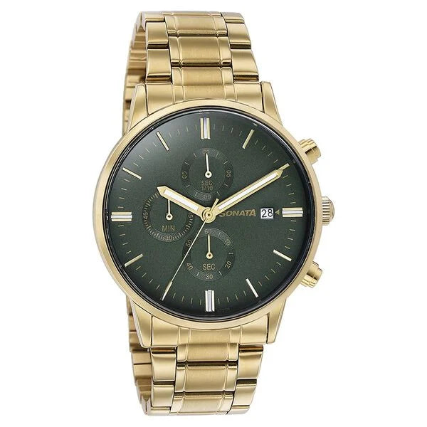 Sonata 77145YM01 | Sonata Quartz Multifunction Green Dial Golden Stainless Steel Strap Watch For Men