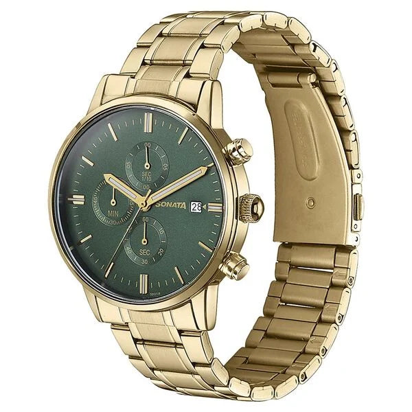 Sonata 77145YM01 | Sonata Quartz Multifunction Green Dial Golden Stainless Steel Strap Watch For Men