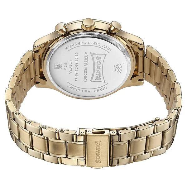 Sonata 77145YM01 | Sonata Quartz Multifunction Green Dial Golden Stainless Steel Strap Watch For Men
